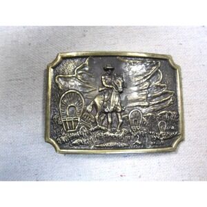 Vintage 1970s Western Belt Buckle Pioneer Covered Wagon Cowboy Horse Brass Tone